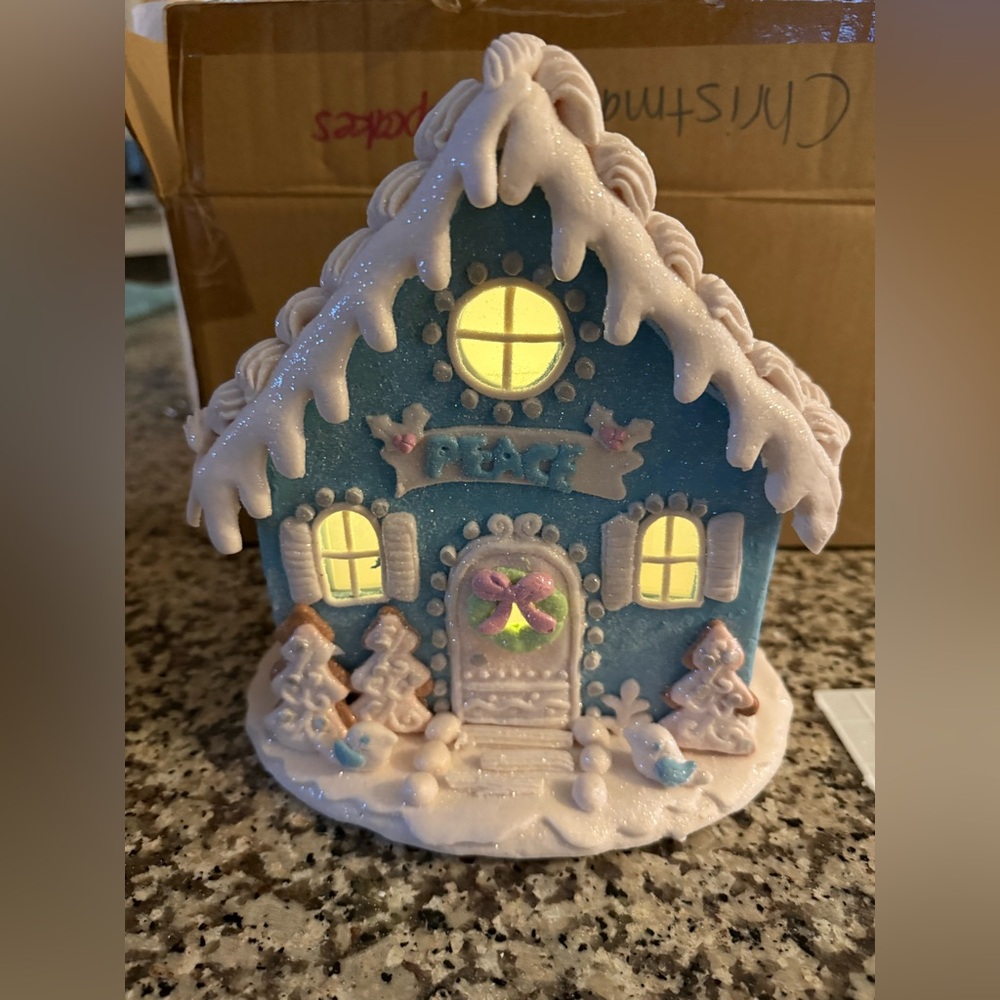 8.5” Peace Blue and White Valerie Parr Gingerbread House